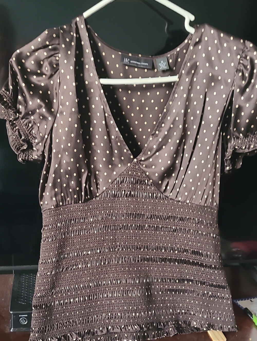 INC International Concepts Brown Polka Dot Smocked V-Neck Top 100% Silk